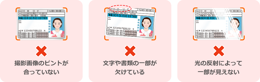 ・撮影画像のピントが合っていない・文字や書類の一部が欠けている・光の反射によって一部が見えない。