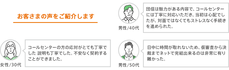 お客さまの声をご紹介します。 男性・40代:団信は魅力がある内容で、コールセンターには丁寧に対応いただき、当初は心配でしたが、対面ではなくてもストレスなく手続きを進められた。 女性・30代:コールセンターの方の応対がとても丁寧でした 説明も丁寧でした。不安なく契約することができました。 男性・50代:日中に時間が取れないため、仮審査から決裁までネットで完結出来るのは非常に有難かった。