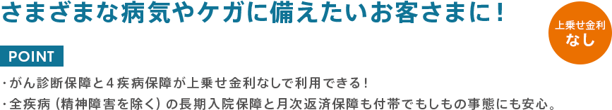 さまざまな病気やケガに備えたいお客さまに！上乗せ金利なし。POINT:がん診断保障と4疾病保証が上乗せ金利なしで利用できる！全疾病（精神障害を除く）の長期入院保障と月次返済保障も付帯でもしもの事態にも安心。