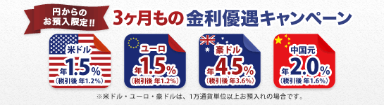 <円→外貨定期限定!>3ヶ月もの外貨定期預金 金利アップキャンペーン <円→外貨定期限定!>3ヶ月もの外貨定期預金 金利アップキャンペーン