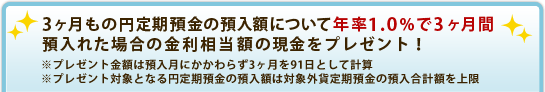 3ヶ月もの円定期預金の預入額について年率1.0%で3ヶ月間預入れた場合の金利相当額の現金をプレゼント!※プレゼント金額は預入月にかかわらず3ヶ月を91日として計算※プレゼント対象となる円定期預金の預入額は対象外貨定期預金の預入合計額を上限 3ヶ月もの円定期預金の預入額について年率1.0%で3ヶ月間預入れた場合の金利相当額の現金をプレゼント!※プレゼント金額は預入月にかかわらず3ヶ月を91日として計算※プレゼント対象となる円定期預金の預入額は対象外貨定期預金の預入合計額を上限