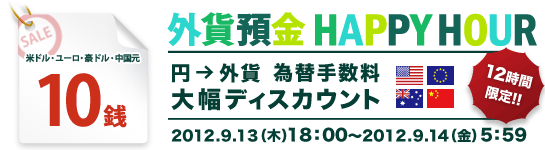 12時間限定 外貨預金 HAPPY HOUR(円→外貨 為替手数料 大幅ディスカウント) 外貨預金 HAPPY HOUR(円→外貨 為替手数料 大幅ディスカウント)