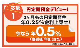 【応援1:円定期預金デビュー!】3ヶ月もの円定期預金、年0.25%金利上乗せ!今なら年0.5%(税引後 年0.39%)※2013年3月4日現在 【応援1:円定期預金デビュー!】3ヶ月もの円定期預金、年0.25%金利上乗せ!今なら年0.5%(税引後 年0.39%)※2013年3月4日現在