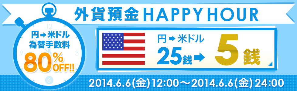外貨預金HAPPYHOUR
円→米ドル為替手数料80%OFF!!円→米ドル25銭→5銭 2014.6.6(金)12:00~2014.6.6(金)24:00 外貨預金HAPPYHOUR
円→米ドル為替手数料80%OFF!!円→米ドル25銭→5銭 2014.6.6(金)12:00~2014.6.6(金)24:00