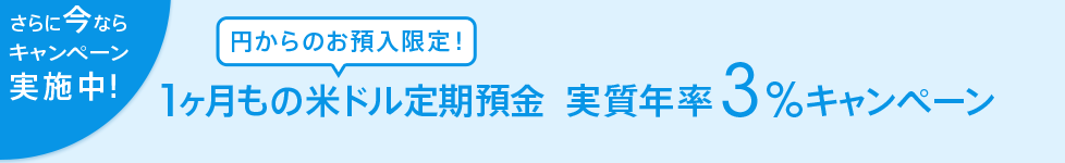 さらに今ならキャンペーン実施中!円からのお預入限定!1ヶ月もの米ドル定期預金 実質年率3%キャンペーン